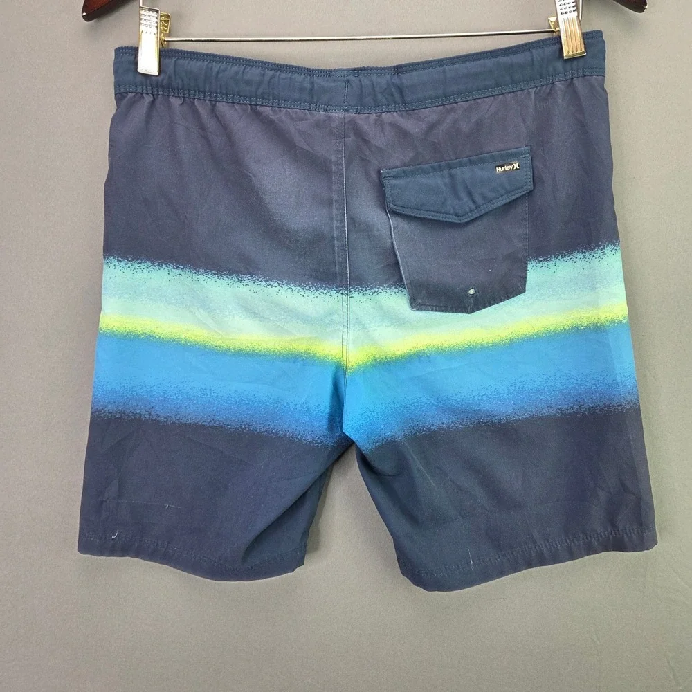 Hurley Boys Board Shorts Swim Trunks 10/12 Blue Neon Stripe Elastic Waist 7